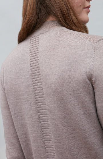 Beige women's extra fine merino wool mock neck jumper with back detail by Paul James Knitwear