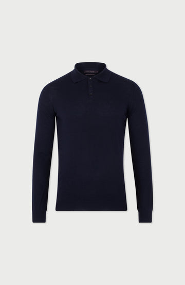Navy Mens Extra Fine Merino Wool Long Sleeve Polo Shirt By Paul James