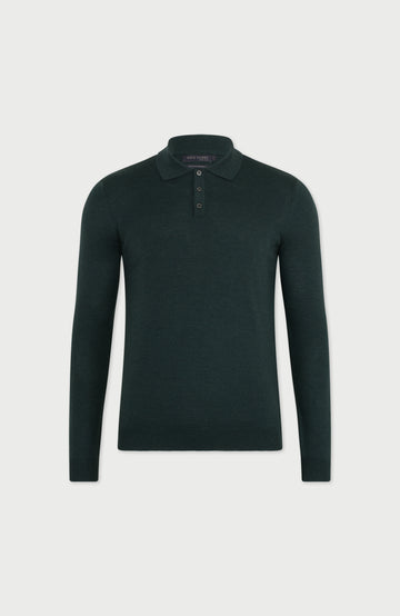 Olive Green Mens Extra Fine Merino Wool Long Sleeve Polo Shirt By Paul James
