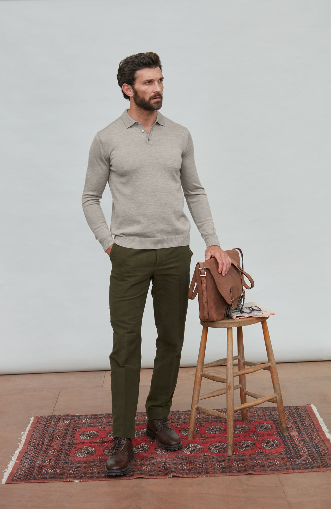 mens beige fine merino knitted polo shirt by Paul James