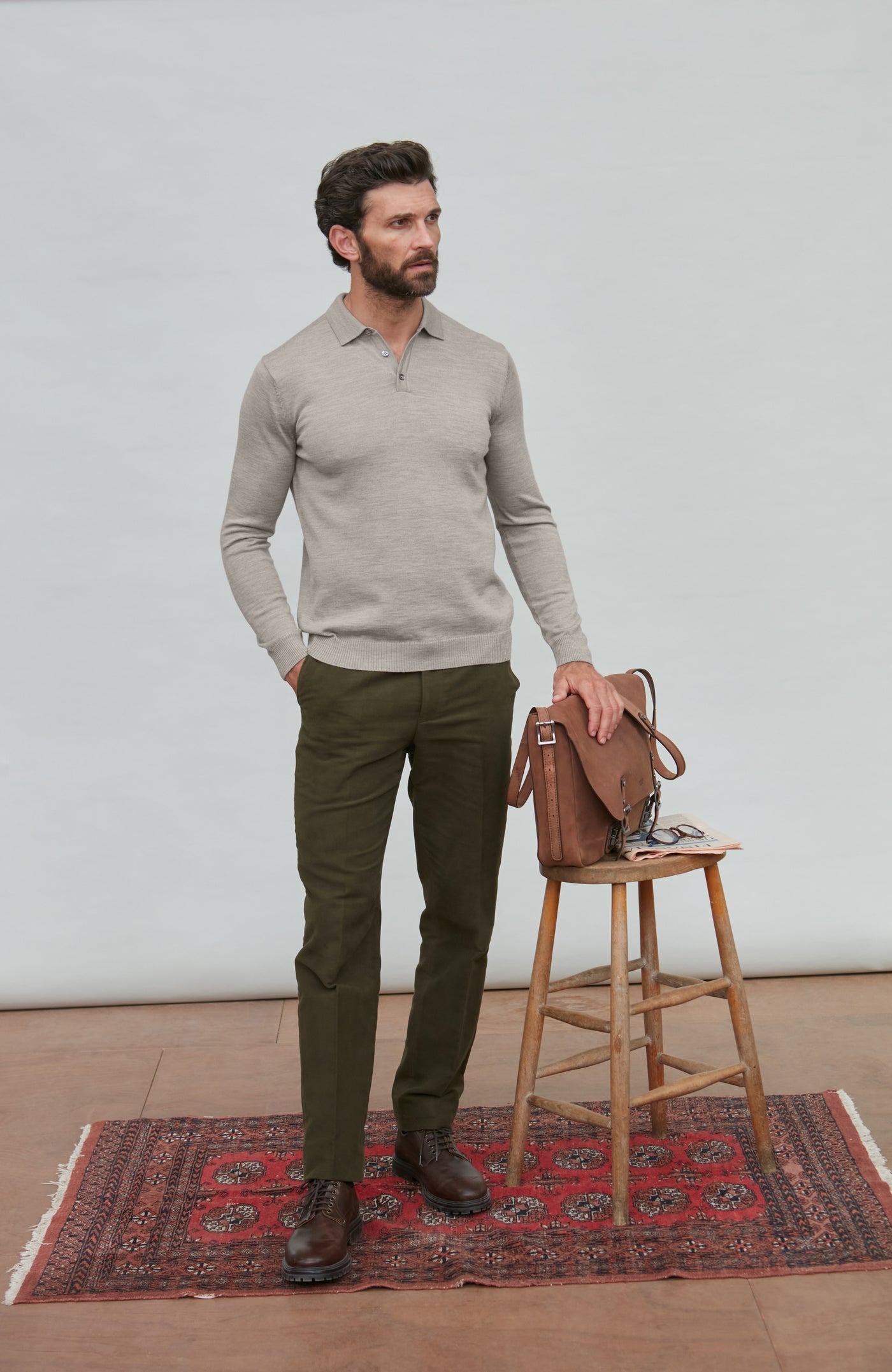 mens beige fine merino knitted polo shirt