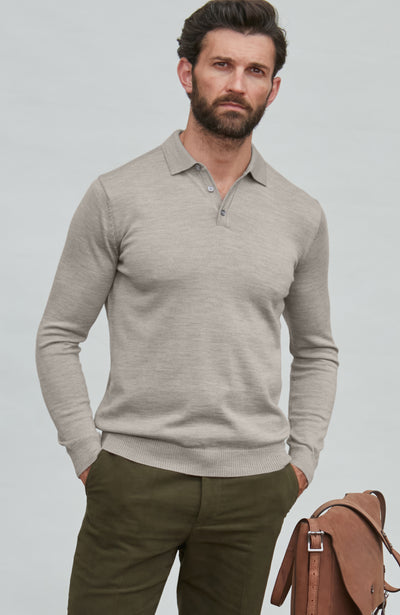 mens beige fine merino knitted polo shirt
