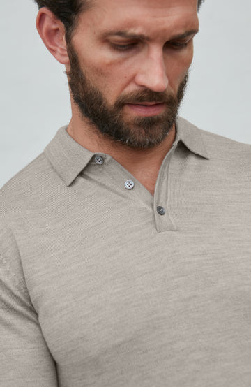 mens beige fine merino knitted polo shirt by Paul James