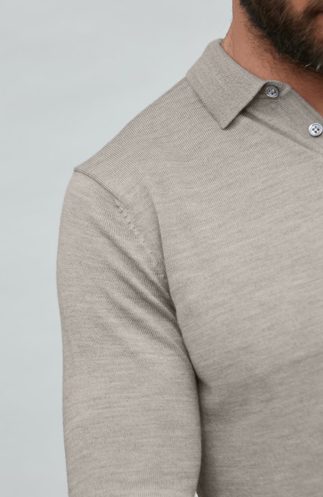 mens beige fine merino knitted polo shirt by Paul James