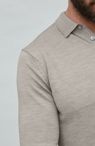 mens beige fine merino knitted polo shirt by Paul James