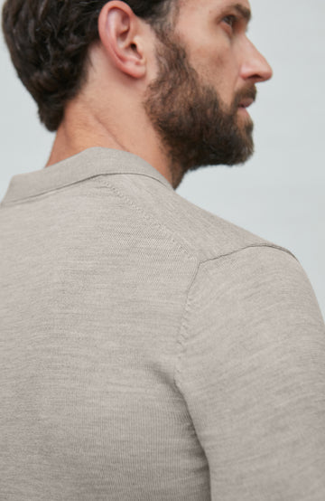mens beige fine merino knitted polo shirt by Paul James