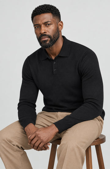 Mens Lightweight Cotton Long Sleeve Knitted Polo Shirt