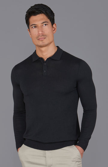 black mens merino wool polo shirt by Paul James