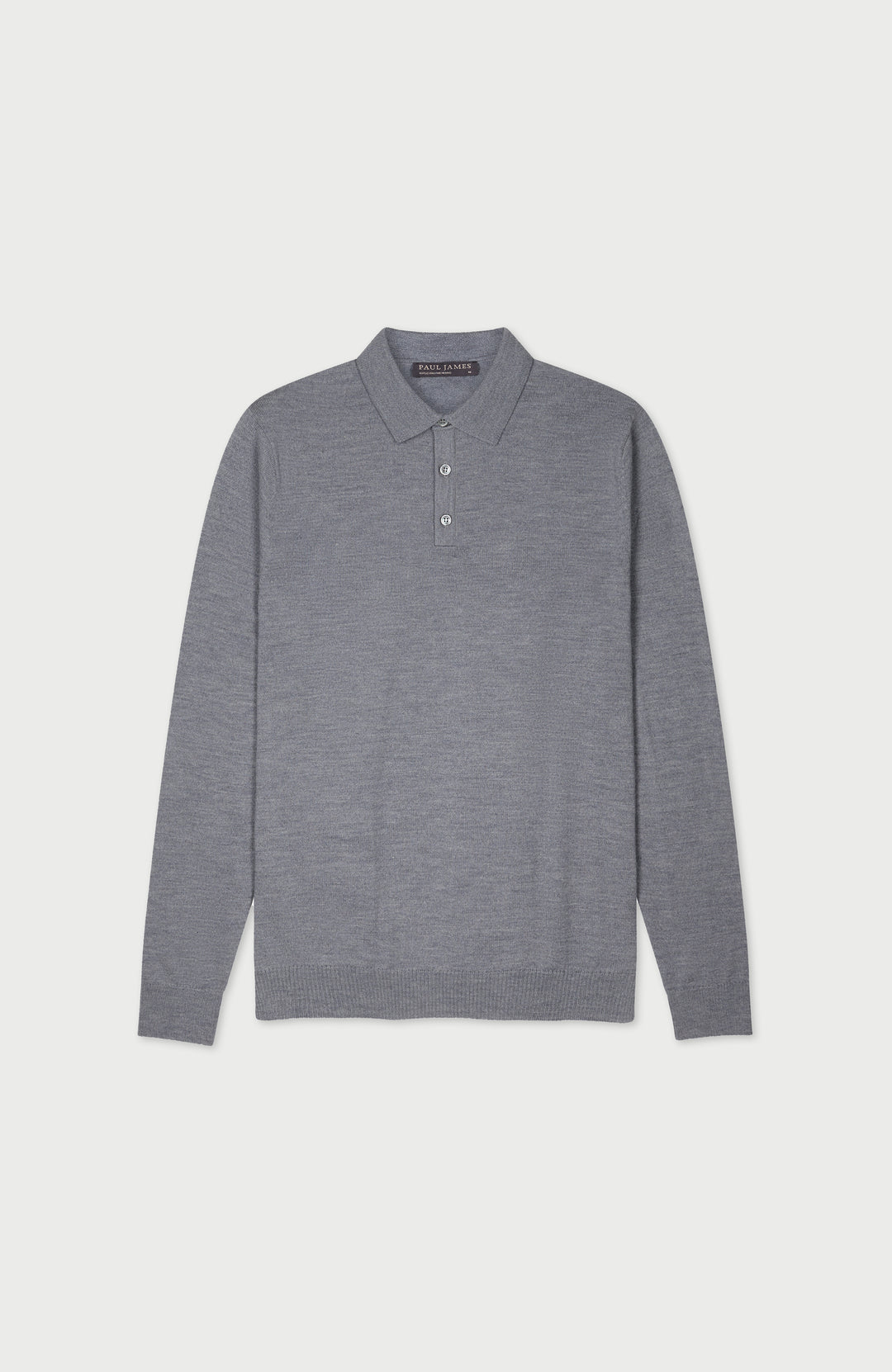 Grey Mens Extra Fine Merino Wool Long Sleeve Polo Shirt By Paul James