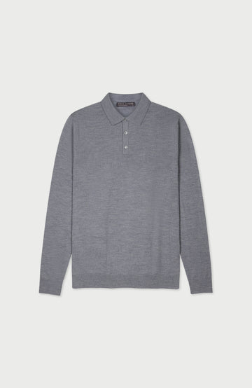 Grey Mens Extra Fine Merino Wool Long Sleeve Polo Shirt By Paul James