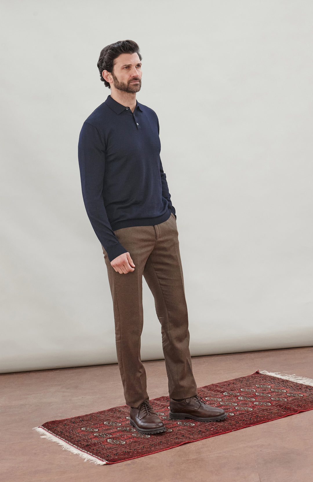Navy Mens Extra Fine Merino Wool Long Sleeve Polo Shirt By Paul James