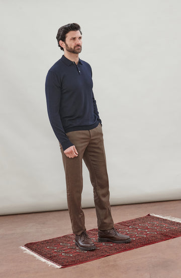 Navy Mens Extra Fine Merino Wool Long Sleeve Polo Shirt By Paul James