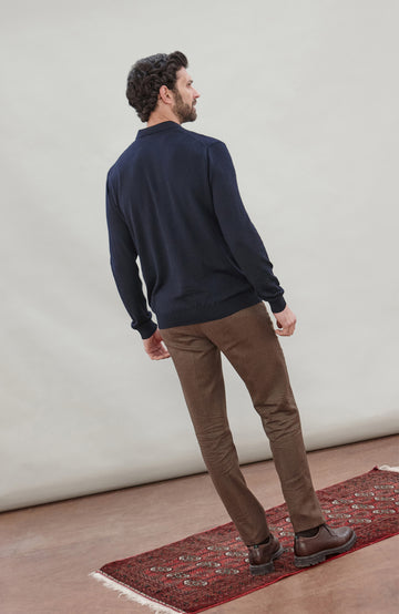 Navy Mens Extra Fine Merino Wool Long Sleeve Polo Shirt By Paul James