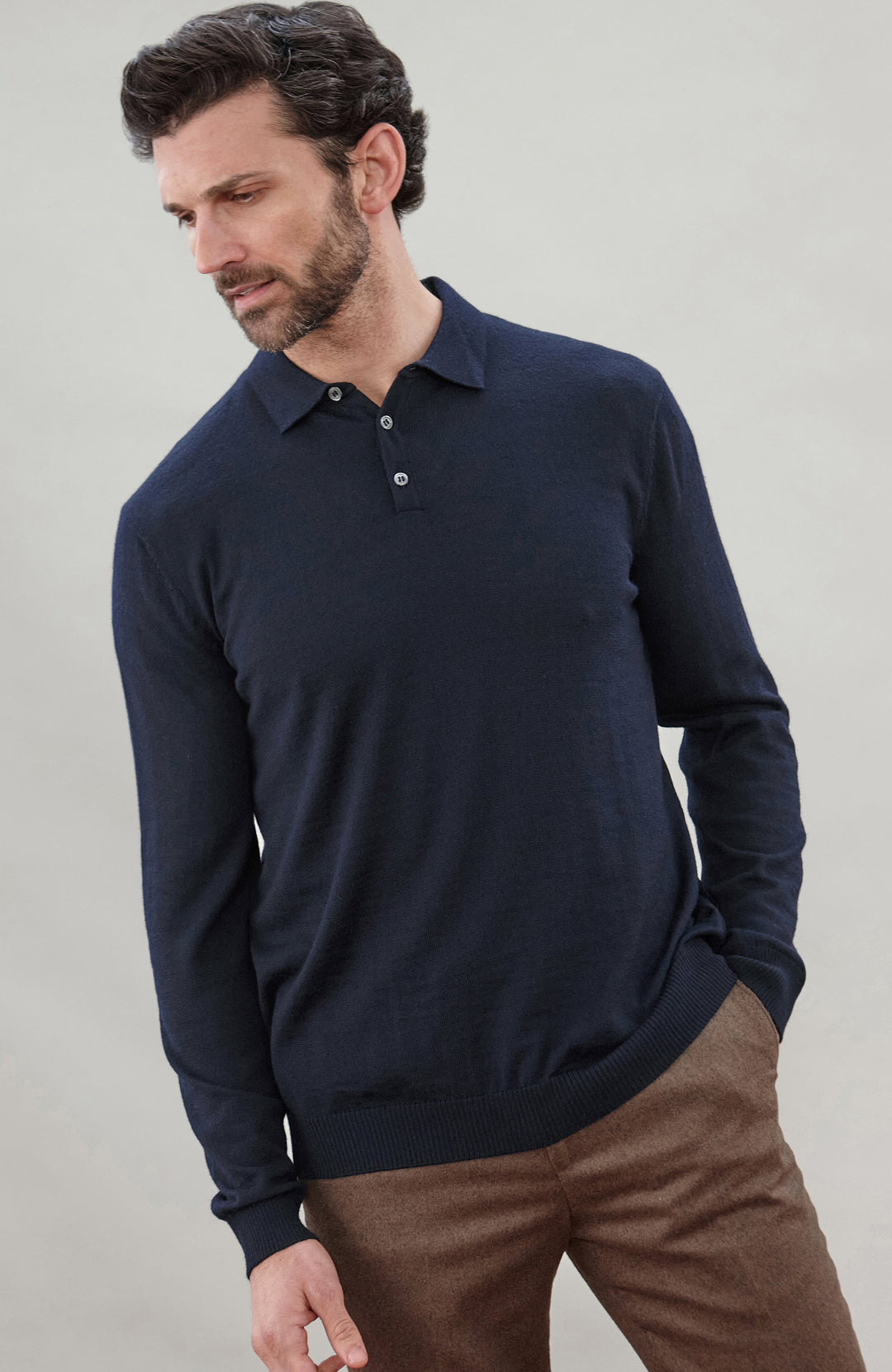 Navy Mens Extra Fine Merino Wool Long Sleeve Polo Shirt By Paul James