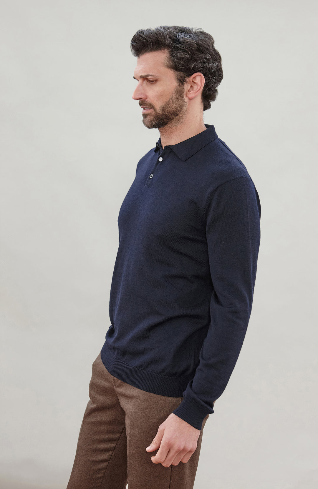Navy Mens Extra Fine Merino Wool Long Sleeve Polo Shirt By Paul James