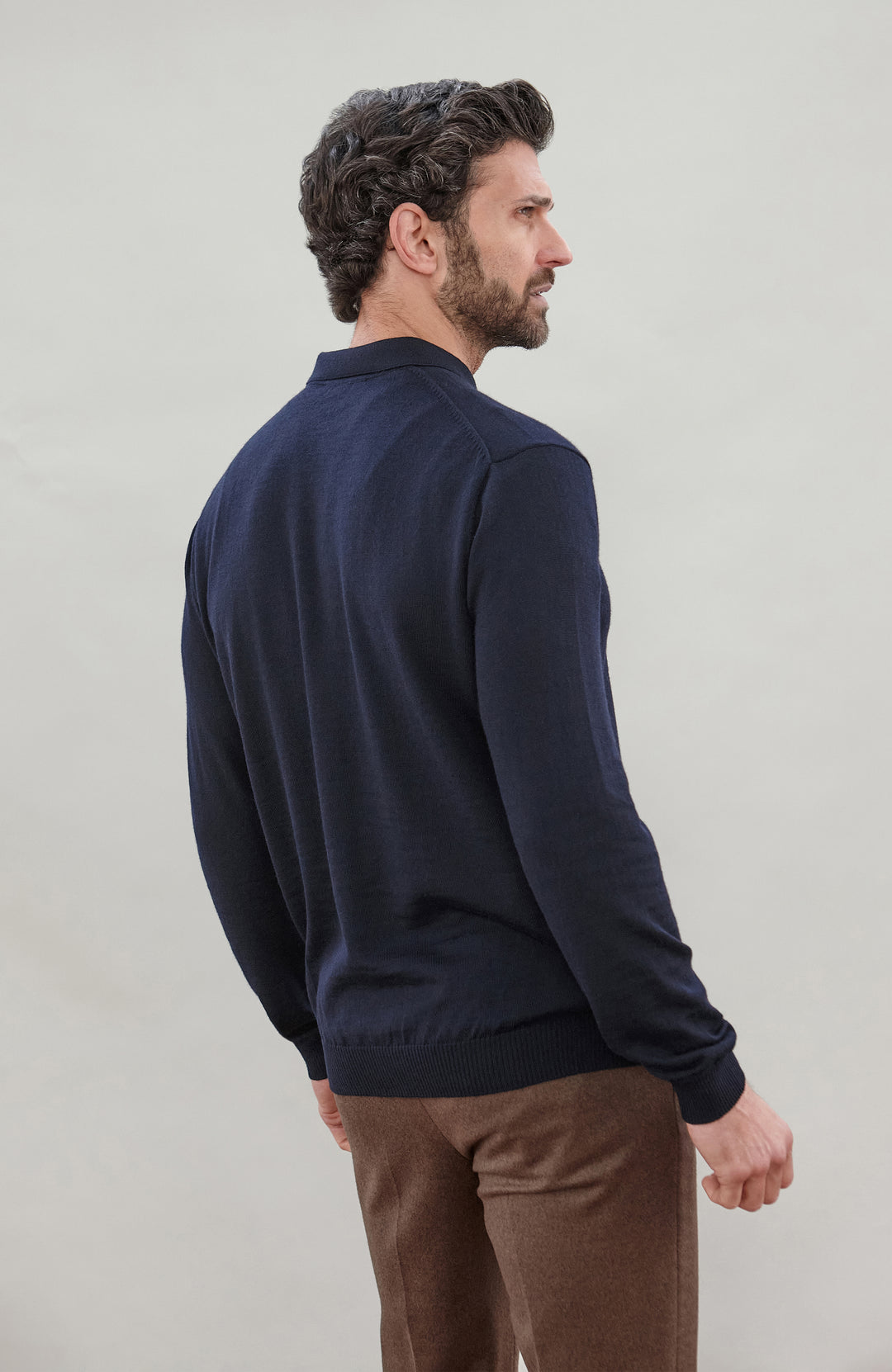Navy Mens Extra Fine Merino Wool Long Sleeve Polo Shirt By Paul James