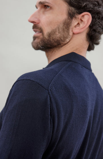 Navy Mens Extra Fine Merino Wool Long Sleeve Polo Shirt By Paul James