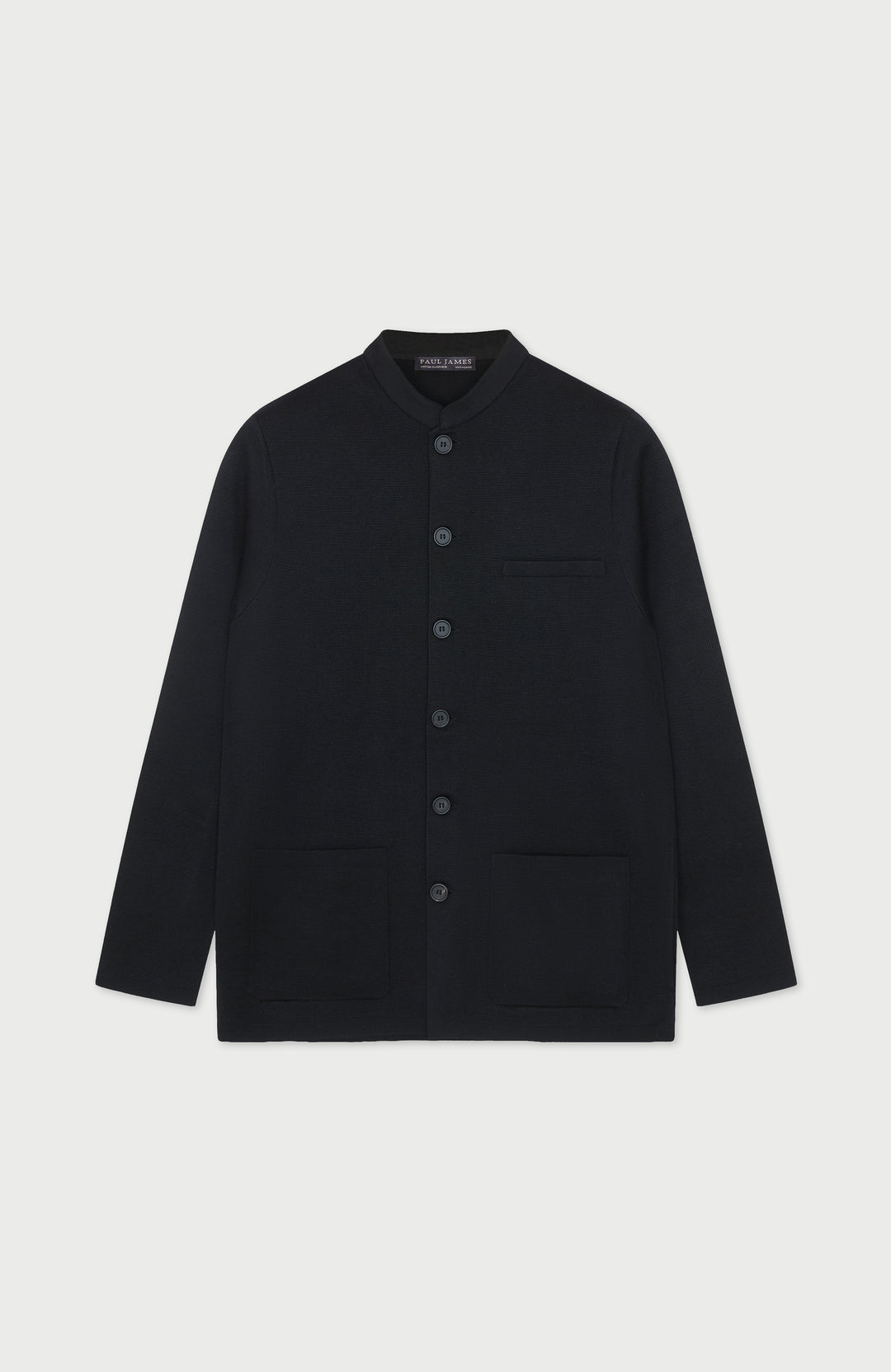 Black Mens Extra Fine Merino Wool Nehru Jacket By Paul James Knitwear