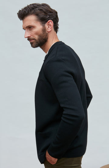 black mandarin collar jacket in fine wool by Paul James