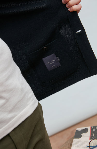 black mandarin collar jacket in fine wool