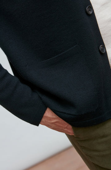 black mandarin collar jacket in fine wool by Paul James