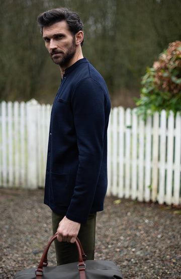 Navy Mens Extra Fine Merino Wool Nehru Jacket by Paul James