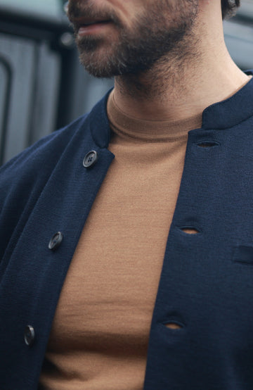 Navy Mens Extra Fine Merino Wool Nehru Jacket by Paul James