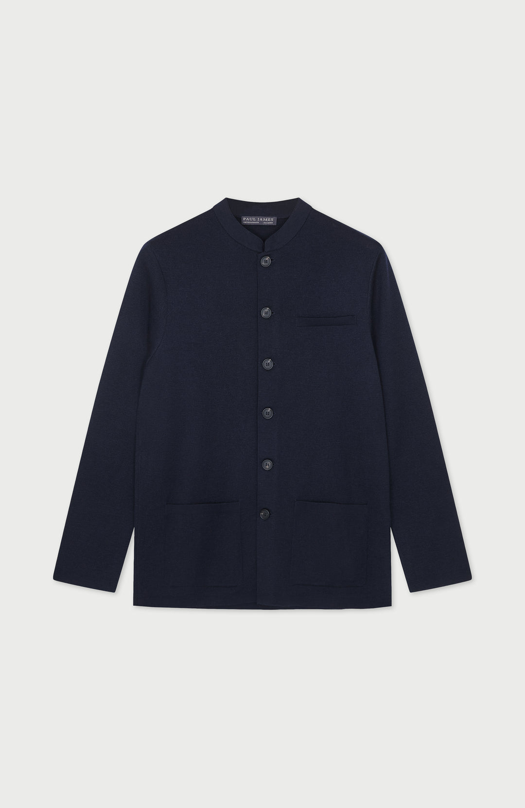 Navy Mens Extra Fine Merino Wool Nehru Jacket By Paul James Knitwear