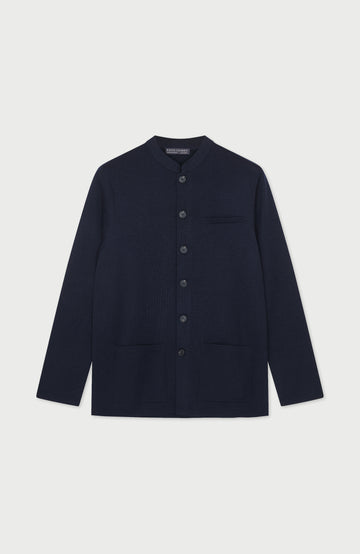 Navy Mens Extra Fine Merino Wool Nehru Jacket By Paul James Knitwear