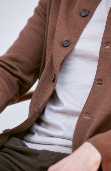 brown mandarin collar jacket in fine wool by Paul James