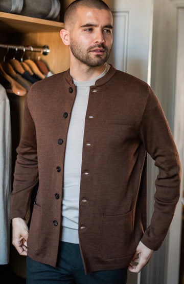 brown mens merino wool nerhu jacket by Paul James