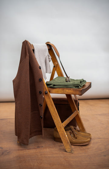 brown mandarin collar jacket in fine wool by Paul James
