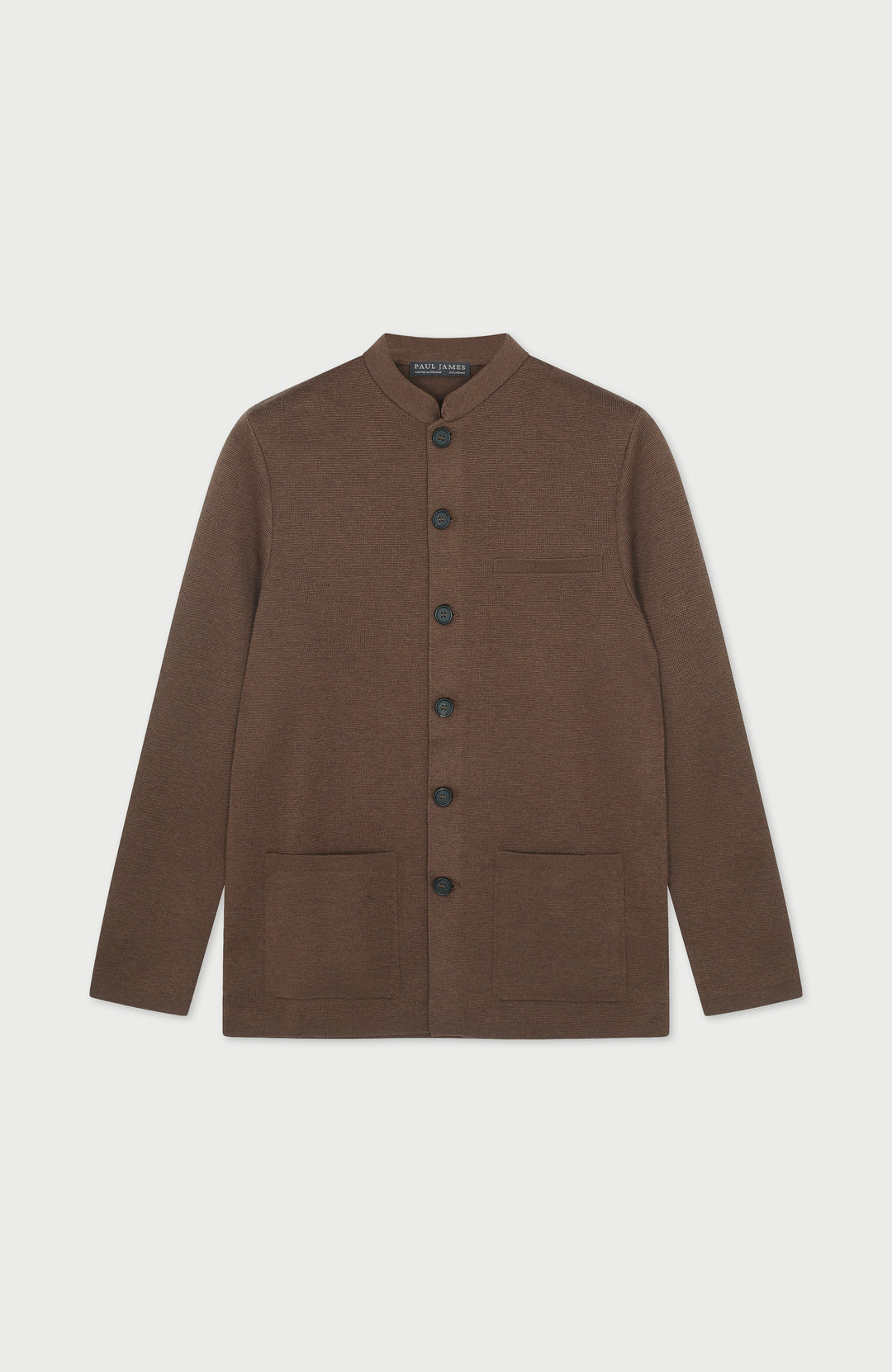 Brown Mens Extra Fine Merino Wool Nehru Jacket By Paul James Knitwear