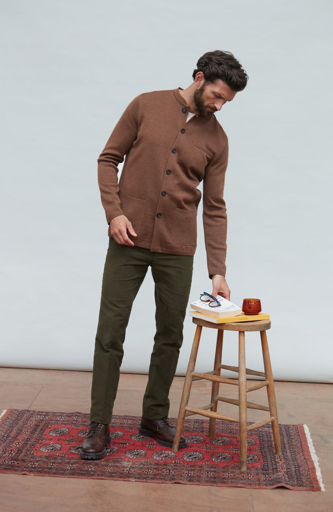 brown mandarin collar jacket in fine wool by Paul James