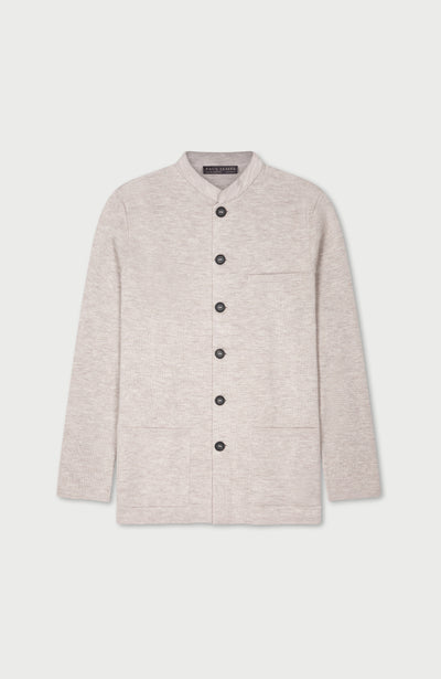 Light gray mandarin collar jacket with black buttons on a white background