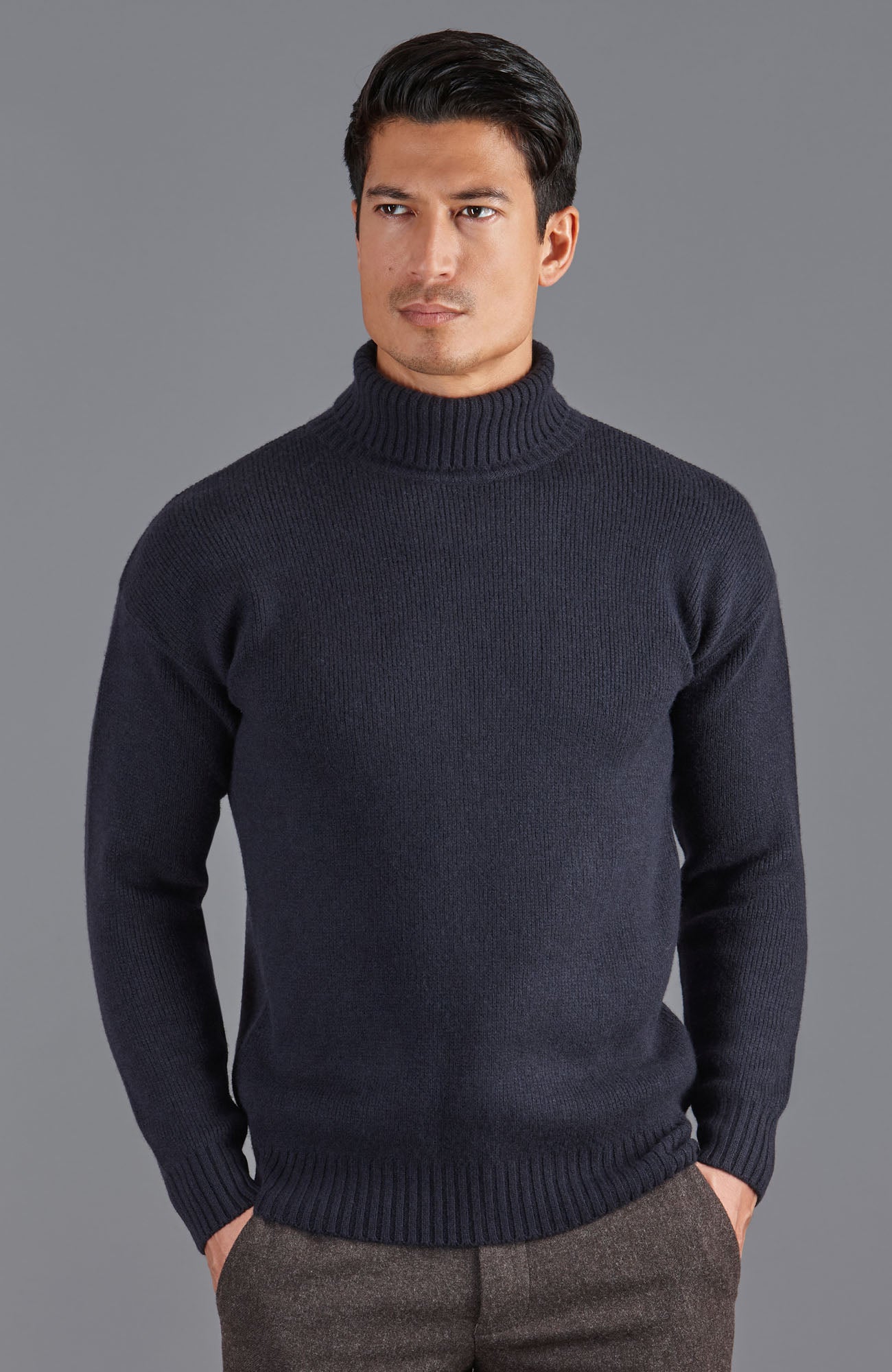 mens navy roll neck merino wool jumper