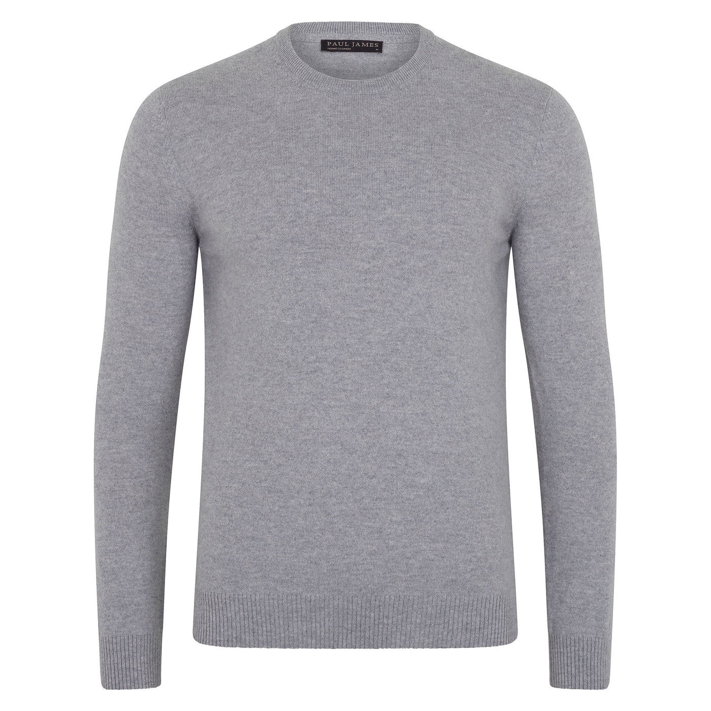 Gray merino cashmere crew neck sweater on a white background