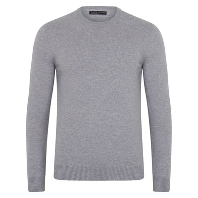 Gray merino cashmere crew neck sweater on a white background