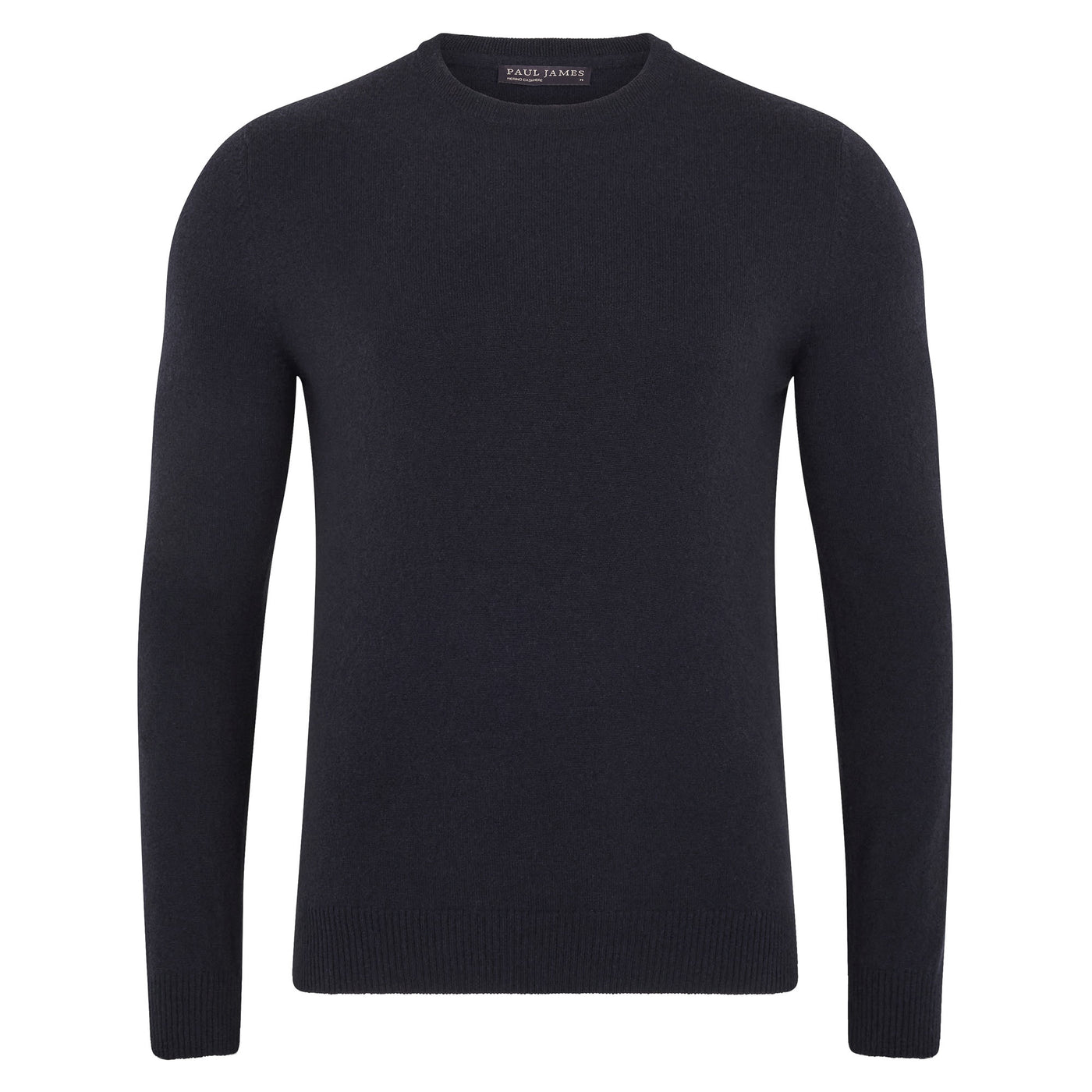 navy merino cashmere crew neck mens sweater on a white background