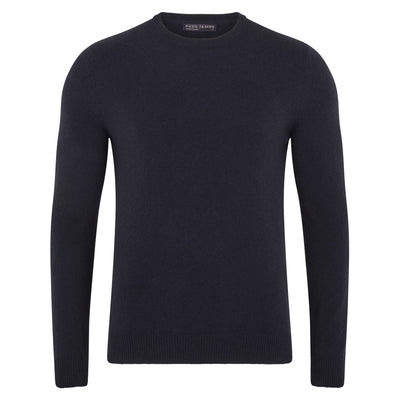 navy merino cashmere crew neck mens sweater on a white background