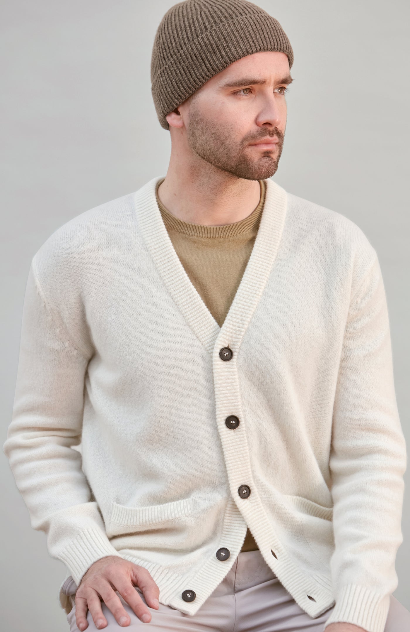 taupe mens merino cashmere beanie hat