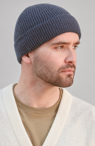 blue mens merino cashmere beanie hat by Paul James