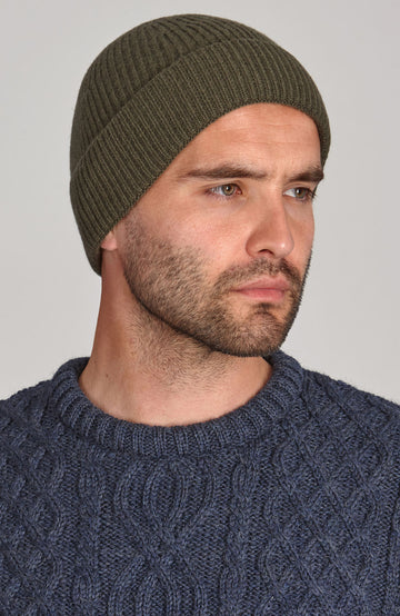 khaki merino cashmere beanie by Paul James