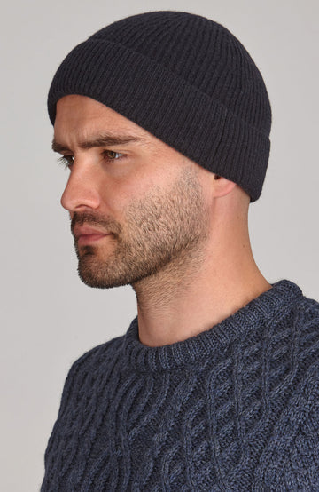 navy merino cashmere beanie by Paul James