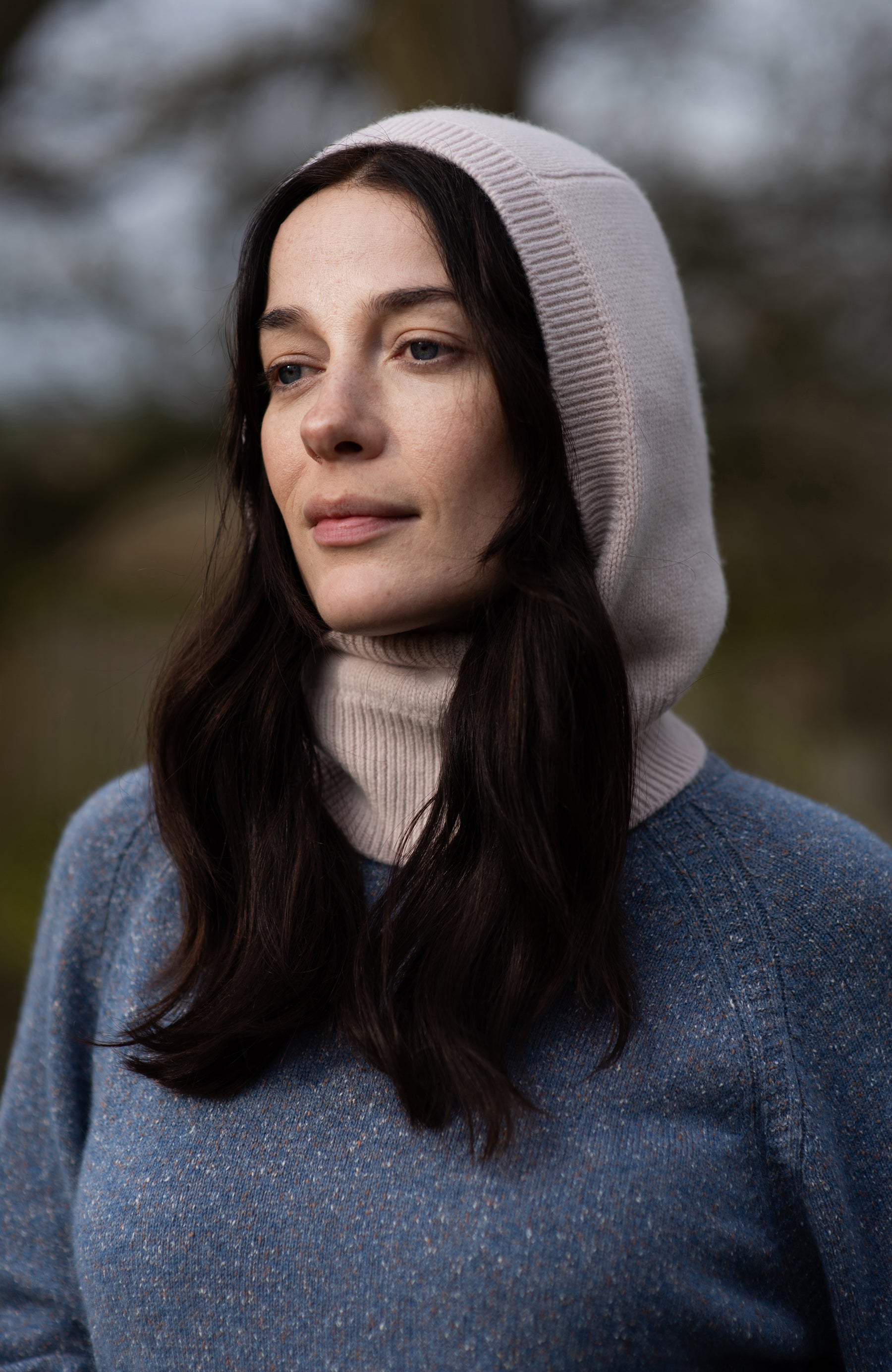 womens merino cashmere open face balaclava by Paul James Knitwear