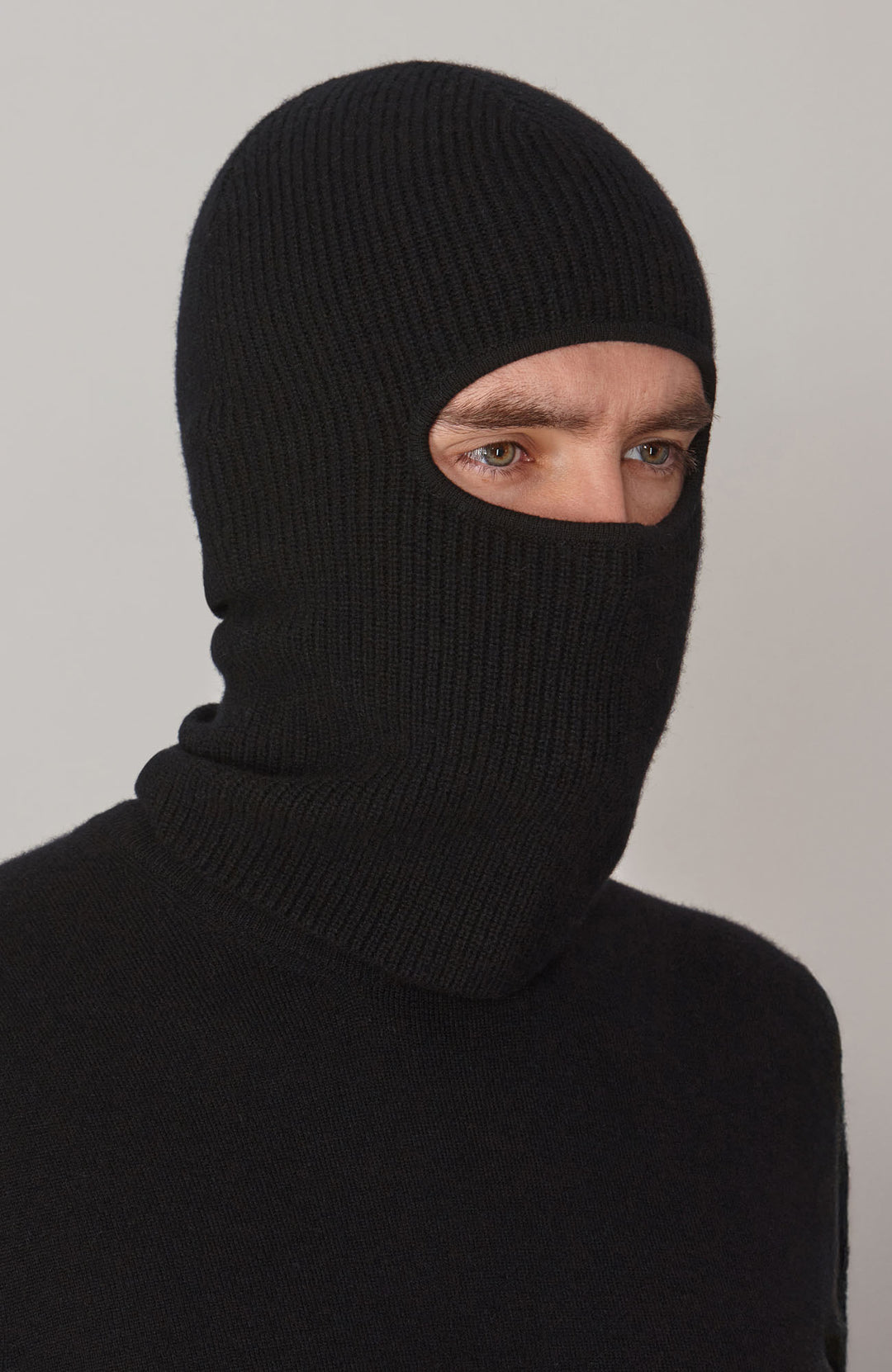 black ribbed merino cashmere balaclava by Paul James