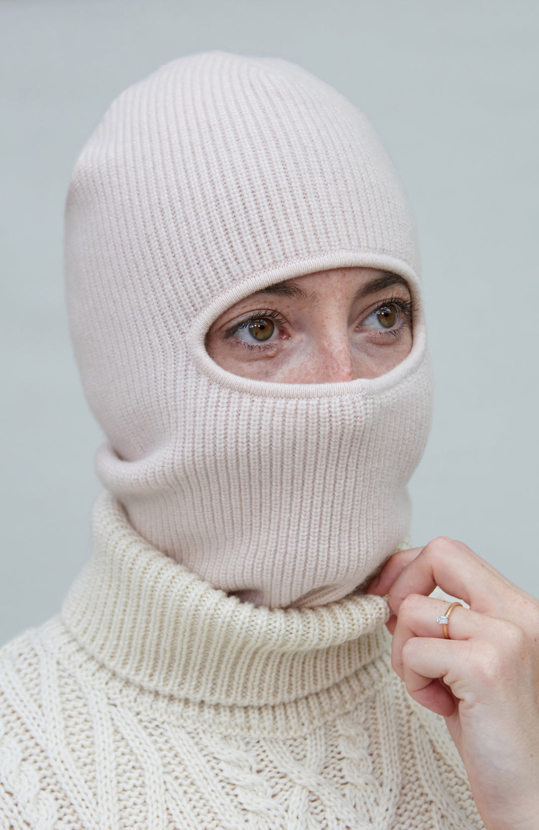 light pink wool cashmere balaclava by Paul James
