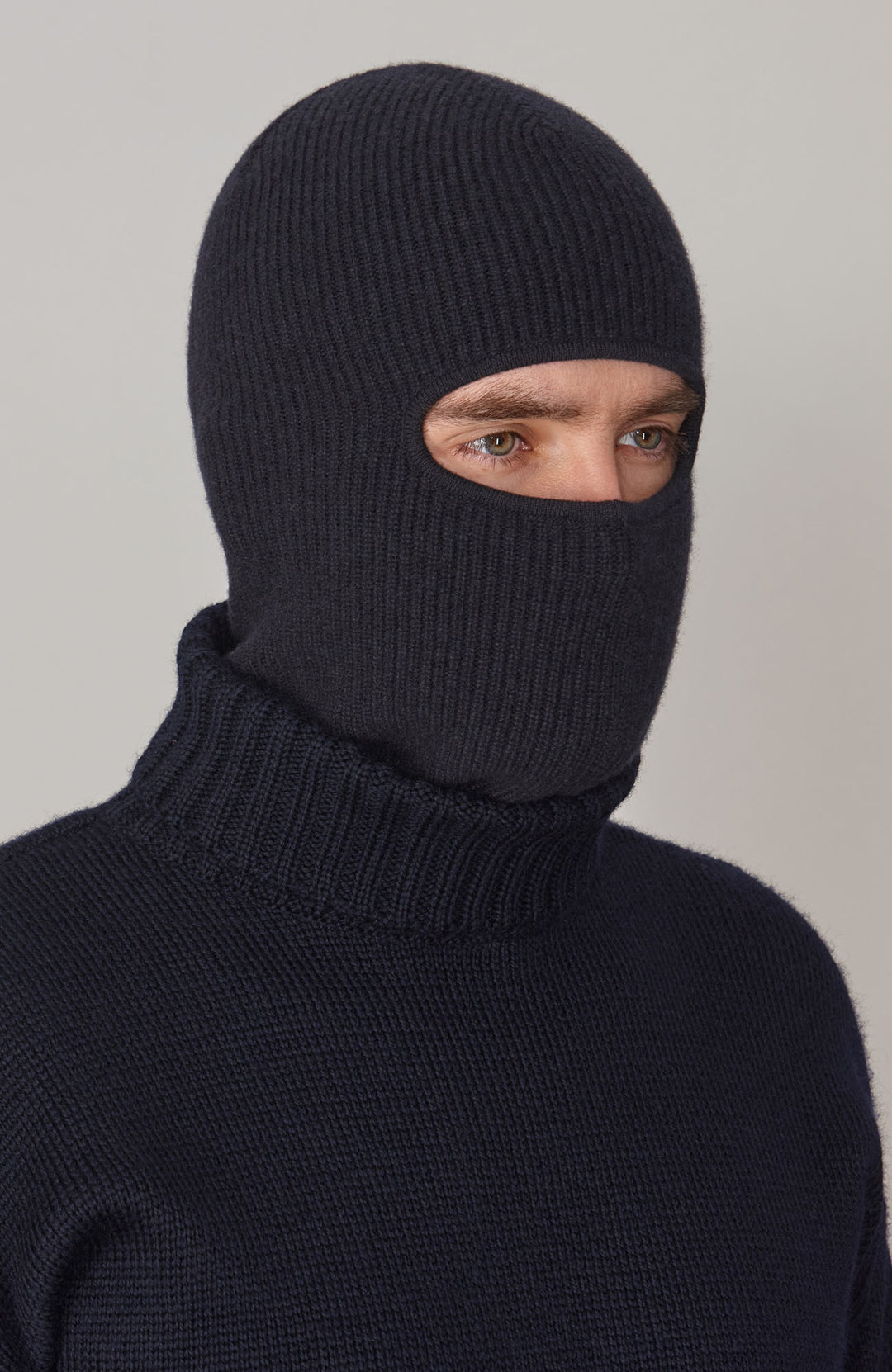navy ribbed merino cashmere balaclava by Paul James