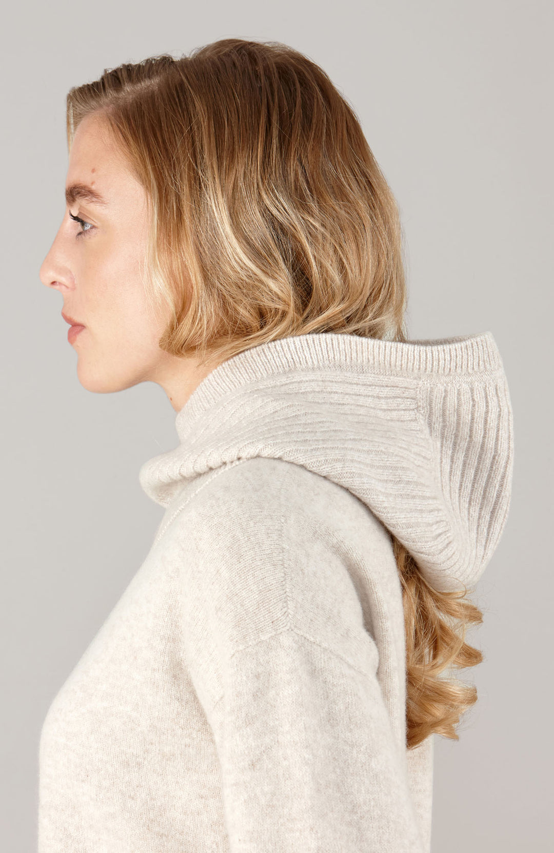 Beige merino cashmere open face balaclava by Paul James