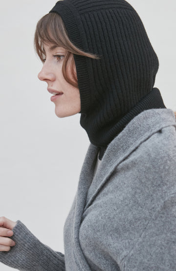 Black merino cashmere open face balaclava by Paul James
